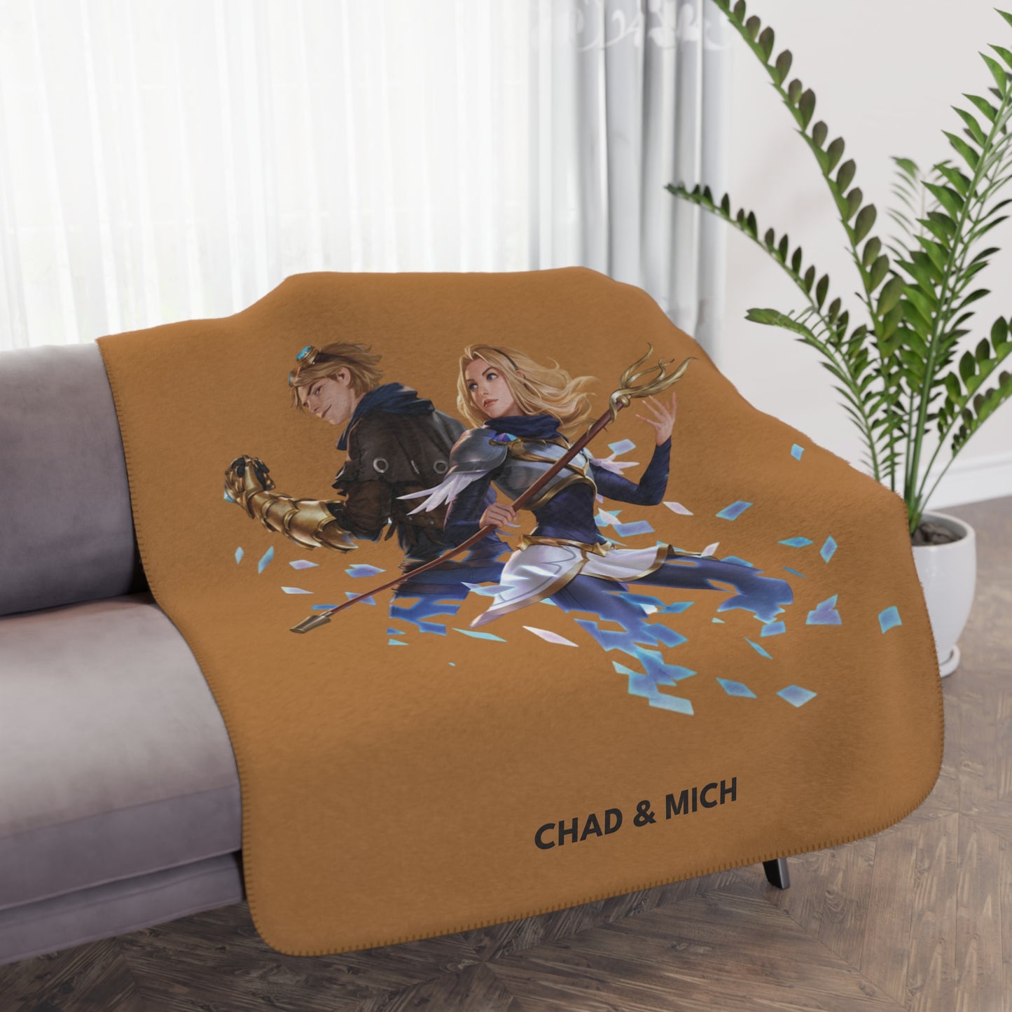 Lux & Ezreal Blanket Cozy Tan Sherpa Blanket with LoL Print - Perfect for Home Decor & Gifts