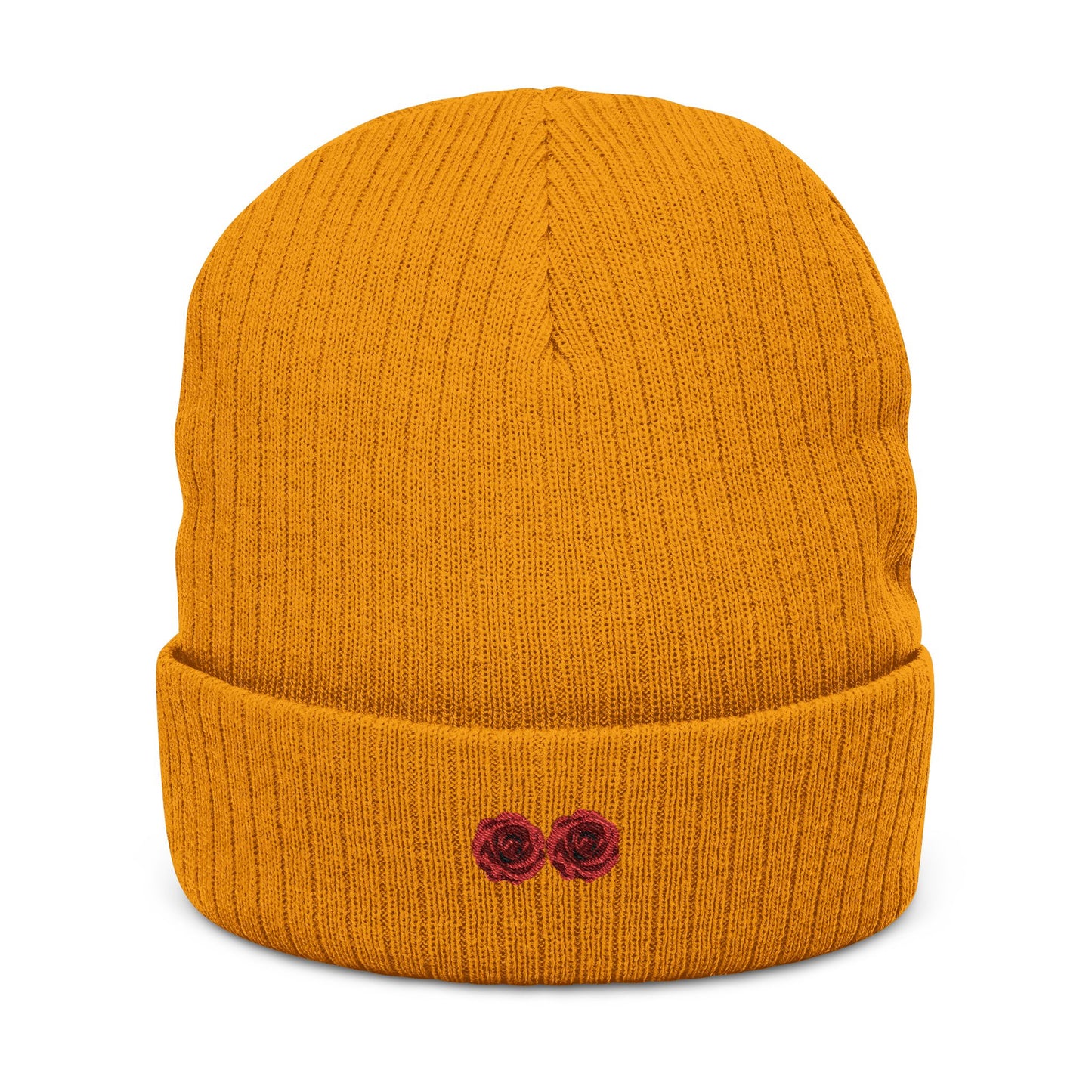 Embroidered Ribbed Knit Beanie with Floral Design