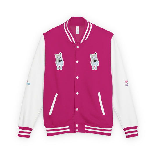 Unisex Heavyweight Letterman Jacket with Cute Bear Patches - Trendy Sports Fashion for Casual Wear