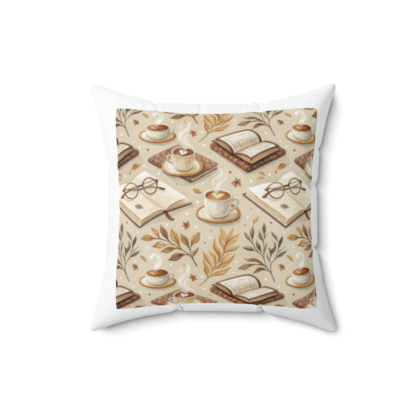 Cozy Reading Nook Pillow - Spun Polyester Square Cushion with Book and Coffee Design