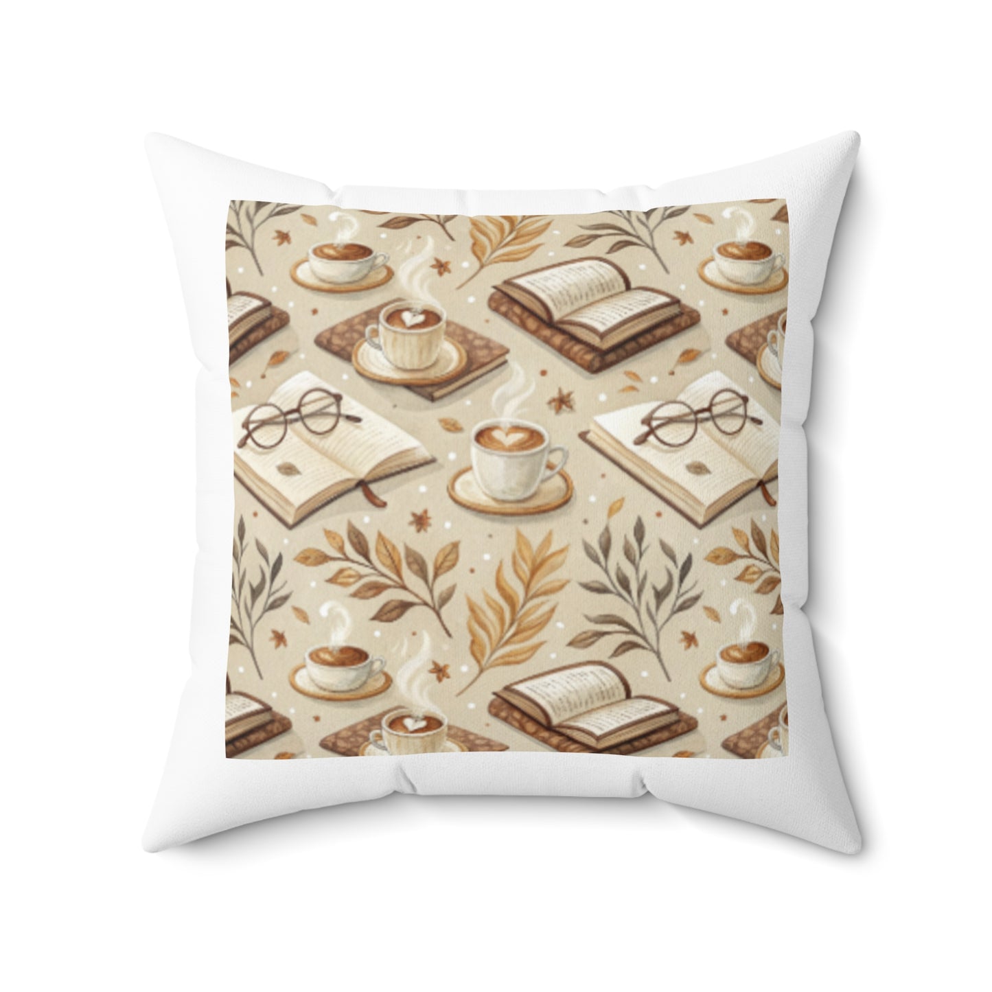 Cozy Reading Nook Pillow - Spun Polyester Square Cushion with Book and Coffee Design