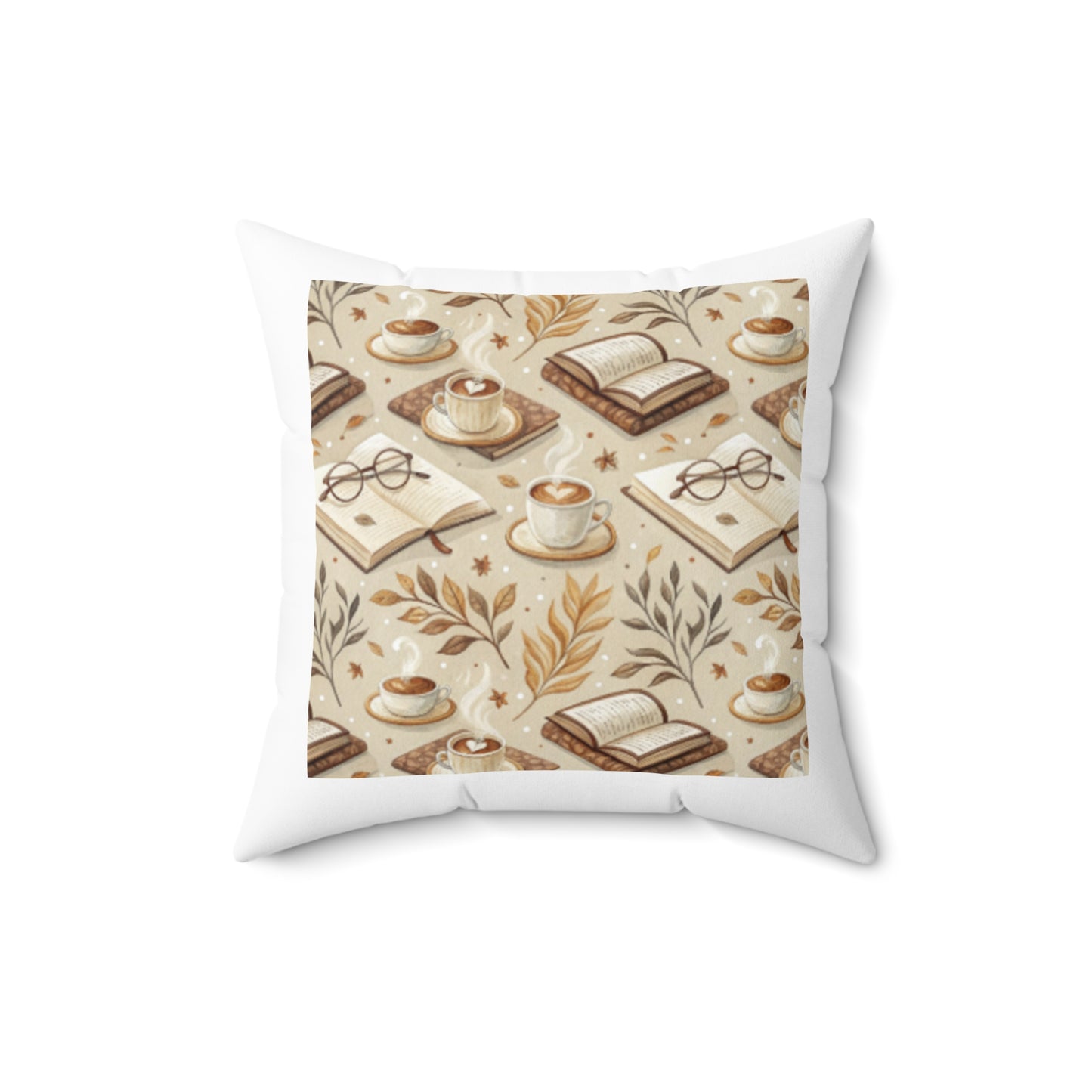 Cozy Reading Nook Pillow - Spun Polyester Square Cushion with Book and Coffee Design
