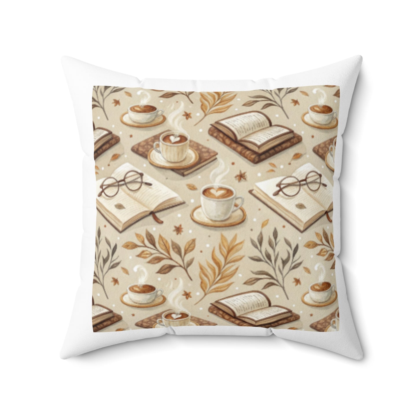 Cozy Reading Nook Pillow - Spun Polyester Square Cushion with Book and Coffee Design
