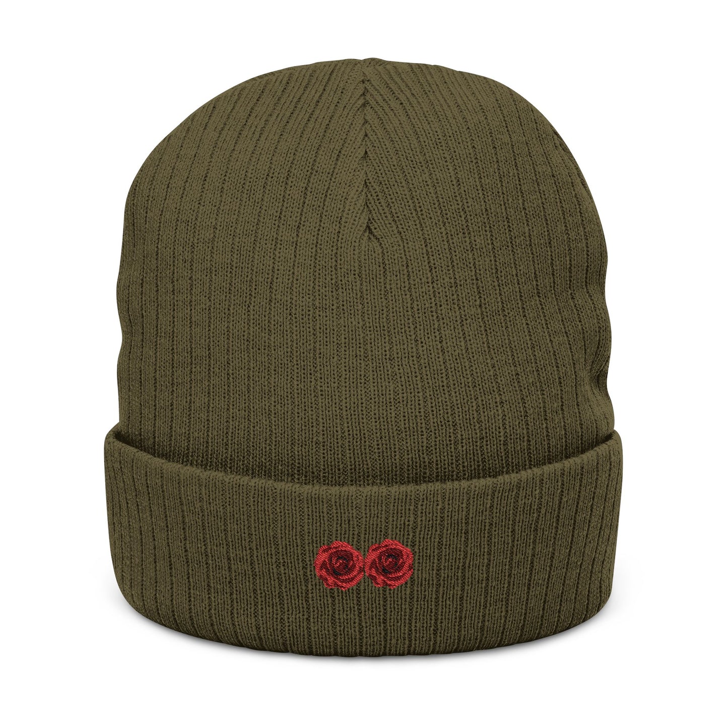 Embroidered Ribbed Knit Beanie with Floral Design