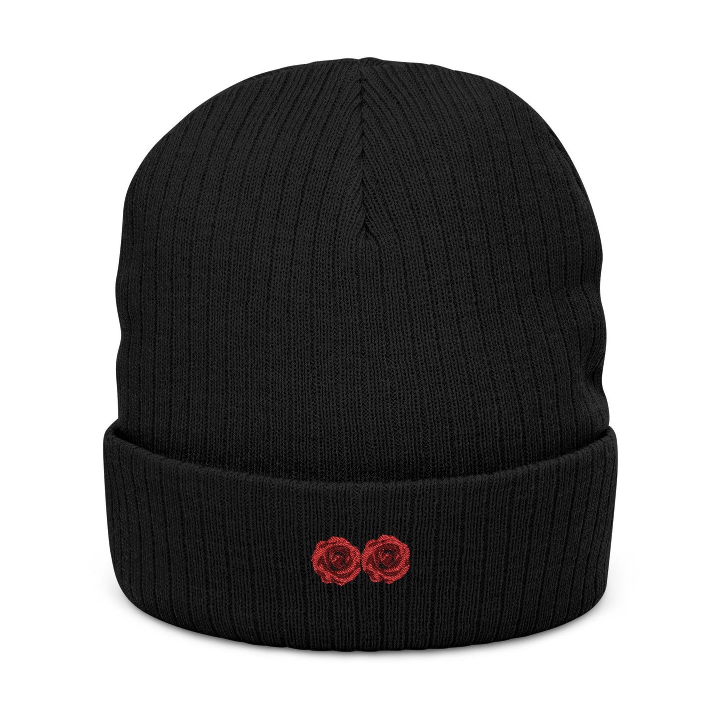 Embroidered Ribbed Knit Beanie with Floral Design