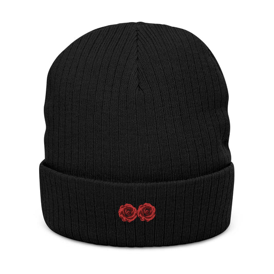 Embroidered Ribbed Knit Beanie with Floral Design