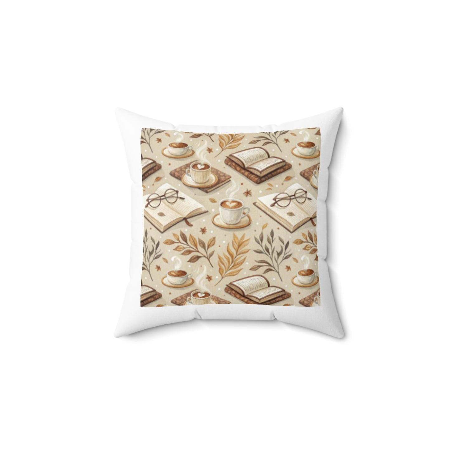 Cozy Reading Nook Pillow - Spun Polyester Square Cushion with Book and Coffee Design