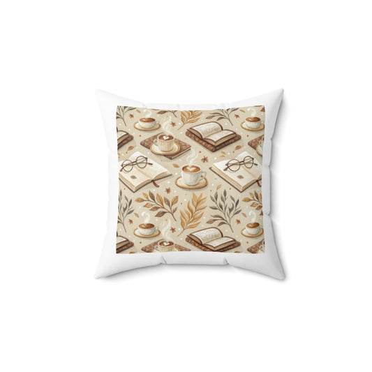 Cozy Reading Nook Pillow - Spun Polyester Square Cushion with Book and Coffee Design