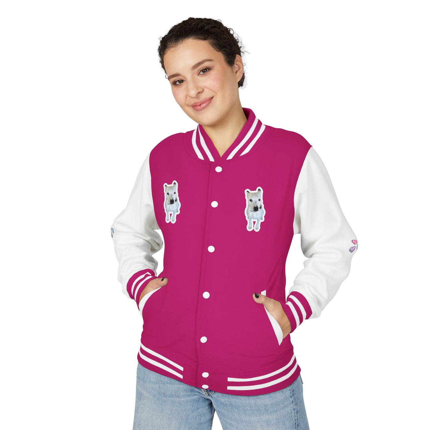 Unisex Heavyweight Letterman Jacket with Cute Bear Patches - Trendy Sports Fashion for Casual Wear