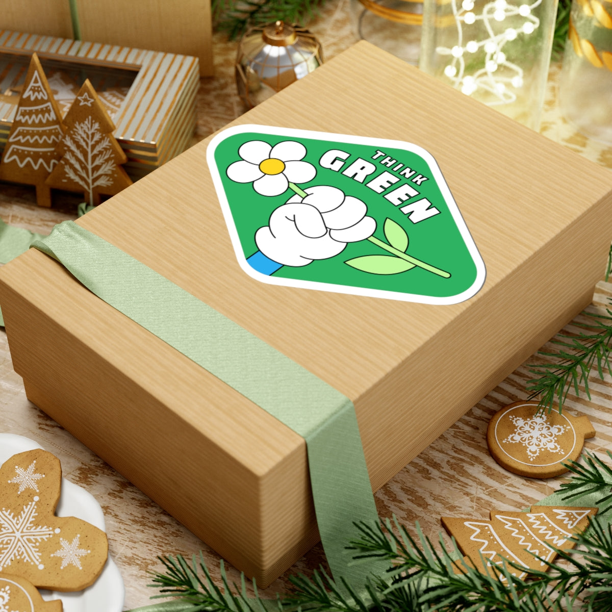 Eco-Friendly Kiss-Cut Stickers | Think Green Flower Hand Decal | Perfect for Laptops, Water Bottles, Journals, Gifts, and Green Initiatives