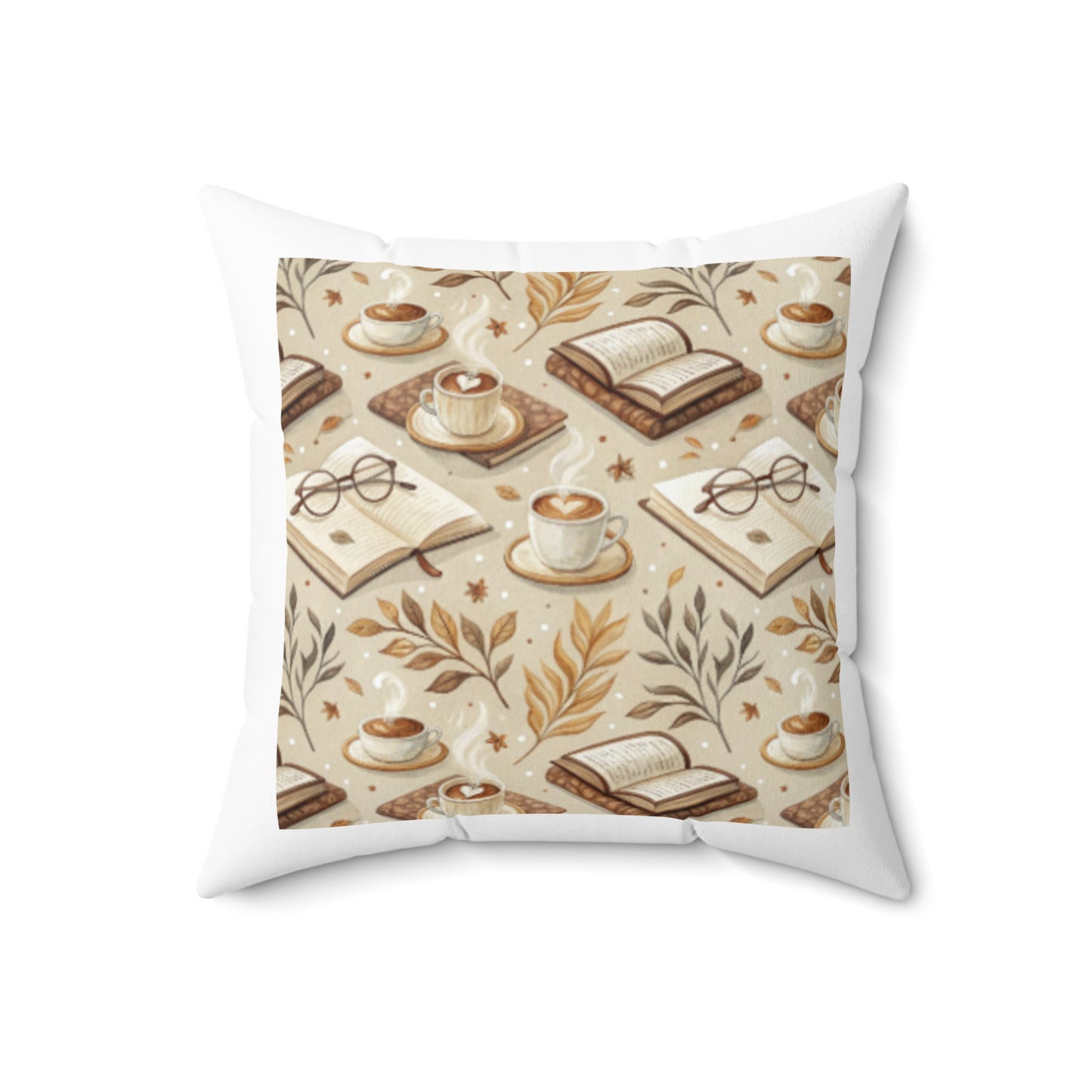 Cozy Reading Nook Pillow - Spun Polyester Square Cushion with Book and Coffee Design